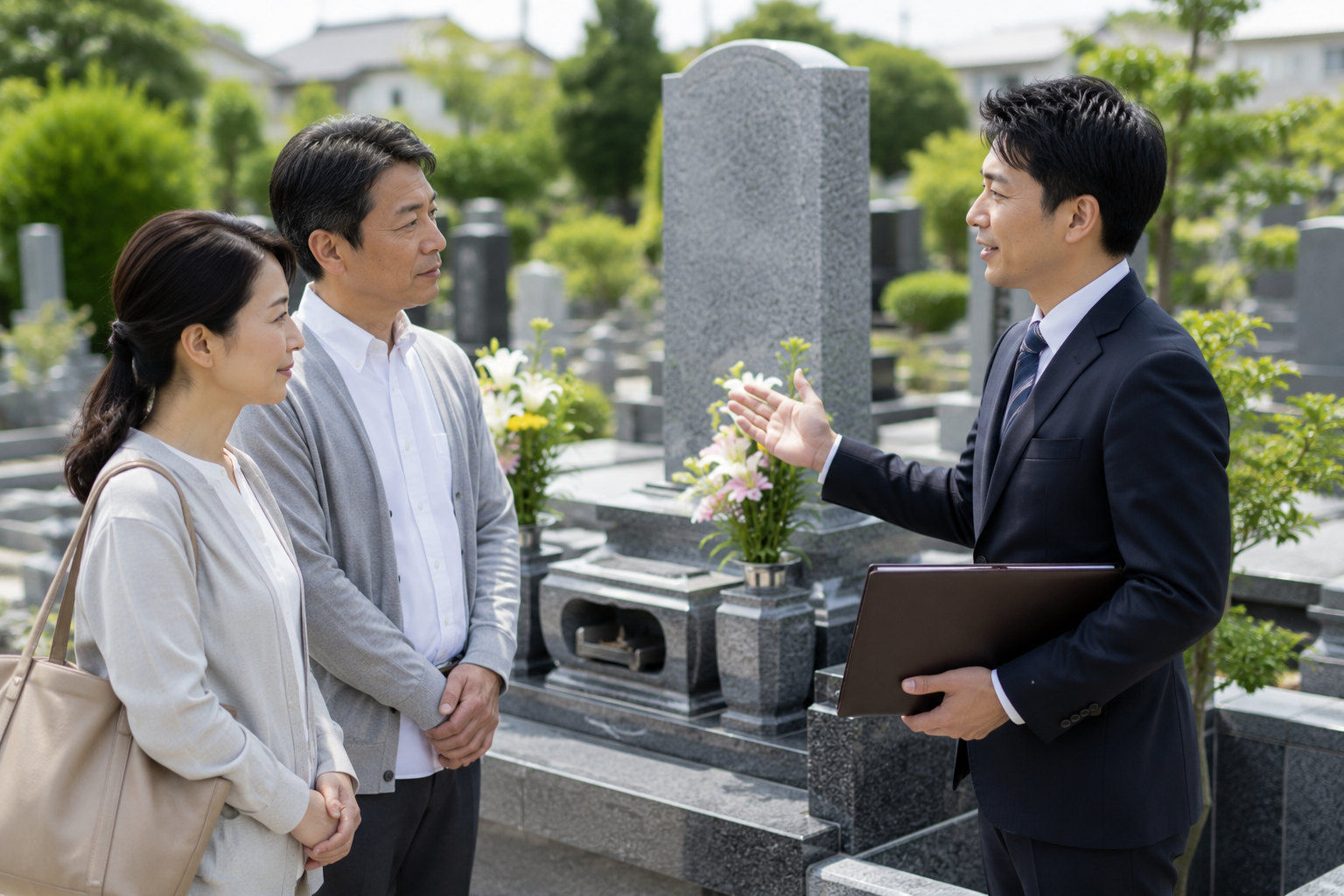 お墓の前で説明を受けるご家族とスタッフ
